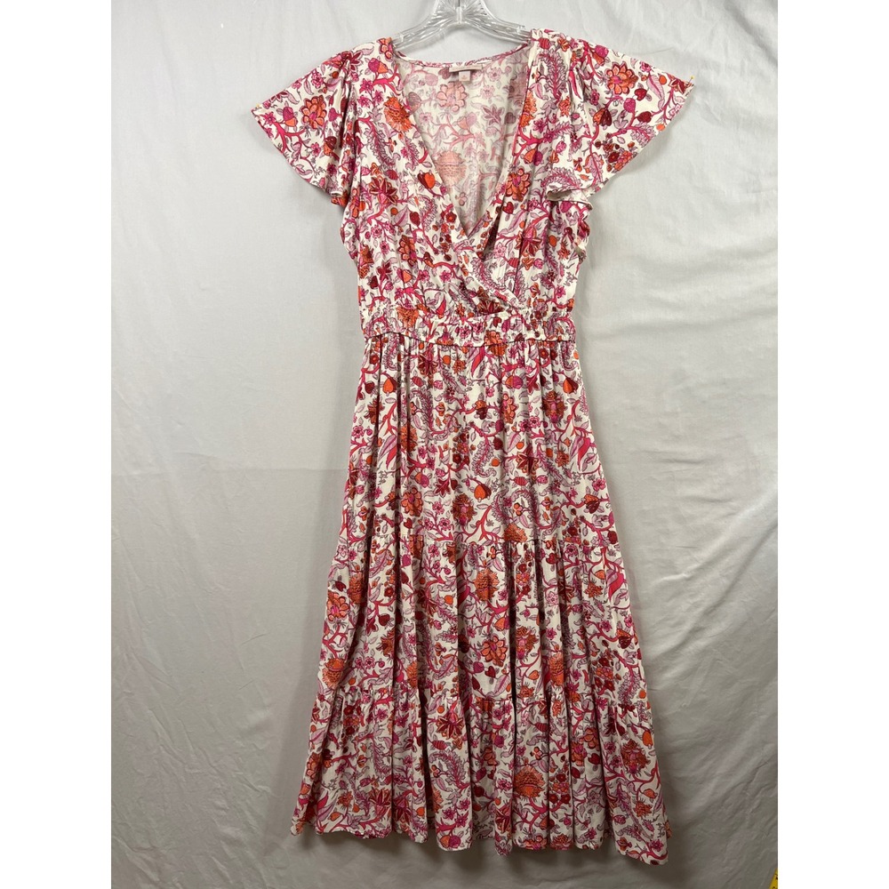 Knox Rose Floral Paisley Maxi Dress Women Medium Pink Orange Flutter Sleeve Boho